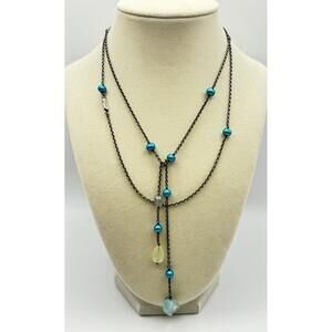 Pandora Teal Pearl Station Rose Lariat Necklace 925 Oxidized Silver Retired Rare